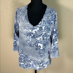 Chico’s Blue Paisley V-Neck Top Size 3 (XL) 3/4 Sleeves